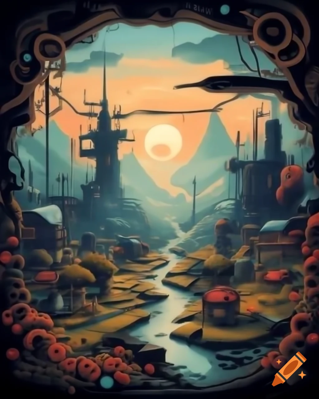 Steampunk Victorian landscape featuring intricate machinery and vintage architecture