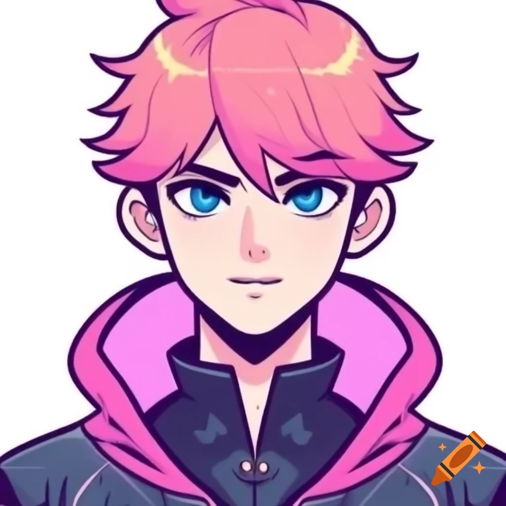 Young man with pink hair and mismatched eyes in dark clothing, 2D video game style