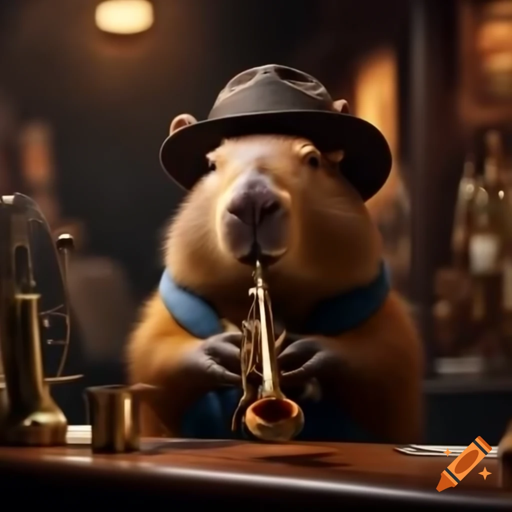Capybara playing trumpet in jazz bar wearing fedora
