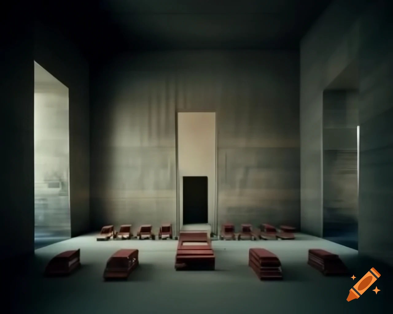 Ominous stone chambers of Pharaoh with windows and tables, dark and symmetrical
