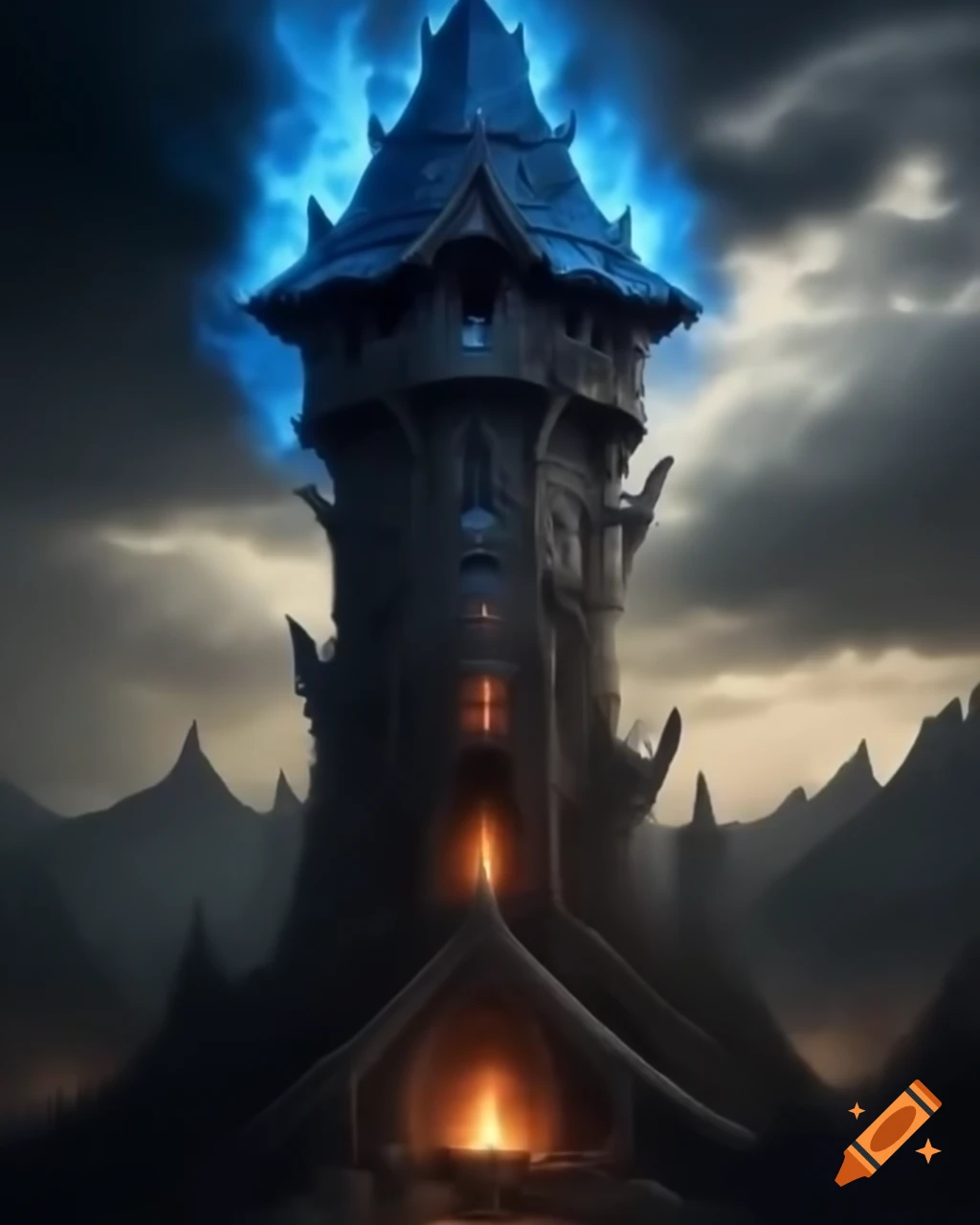 Scary medieval tower with blue fire on top, fantastic and crazy design