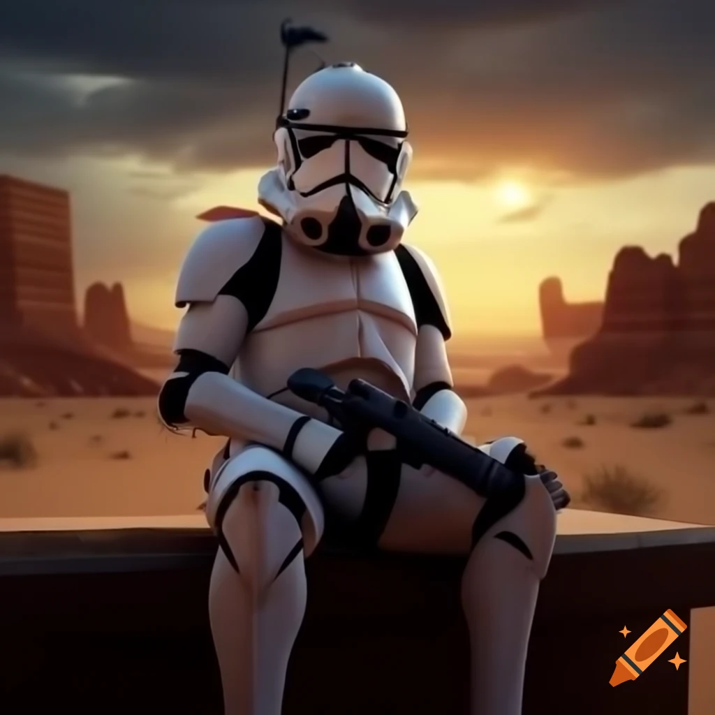 Storm trooper sitting on bench in Tatooine watching sunset, high angle shot