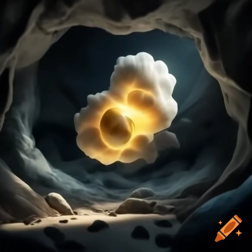 Yellow glowing swirling cloud orb in cave setting