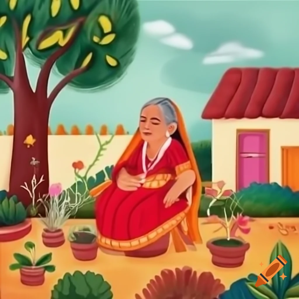 Indian miniature painting of elderly woman in village garden