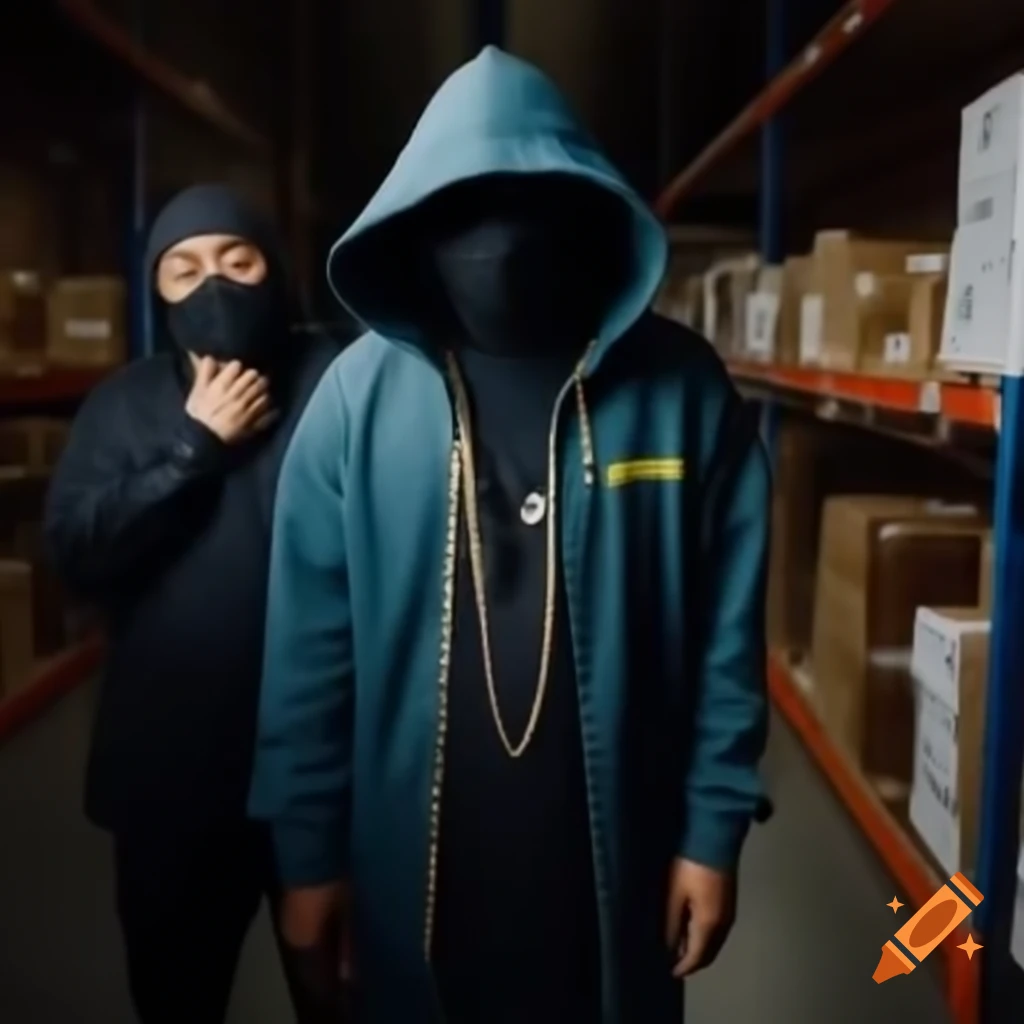 Hooded man with mask and golden chain in fulfillment center