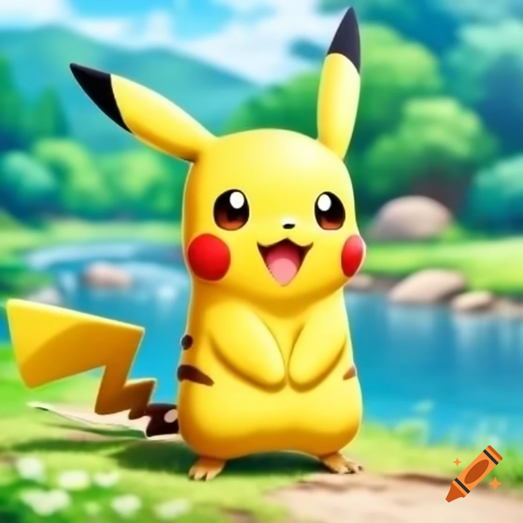 Pikachu dressed as charmander by a river on craiyon