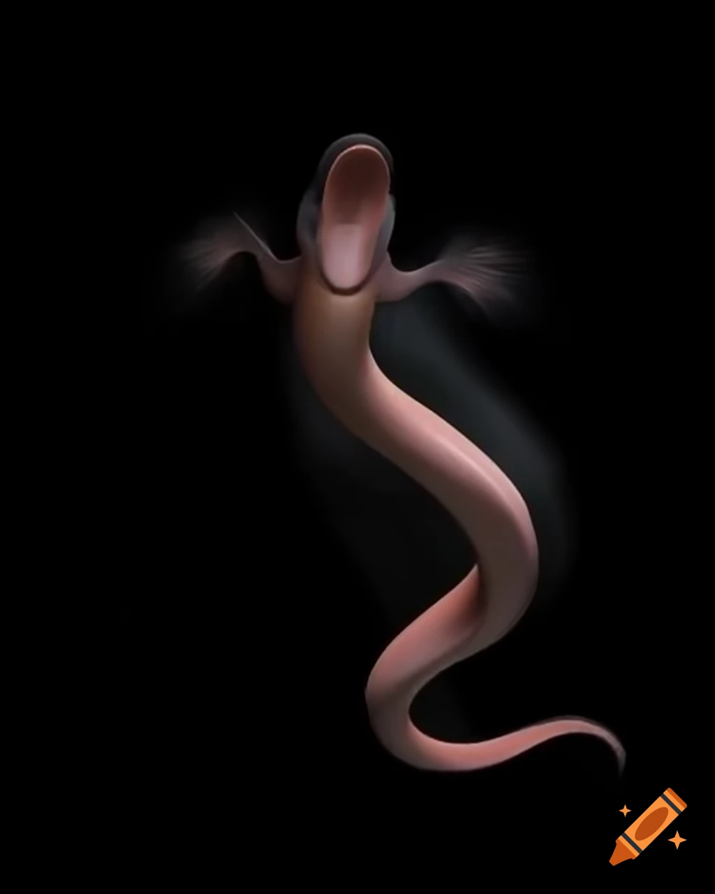 Grotesque featureless eel in motion against black background