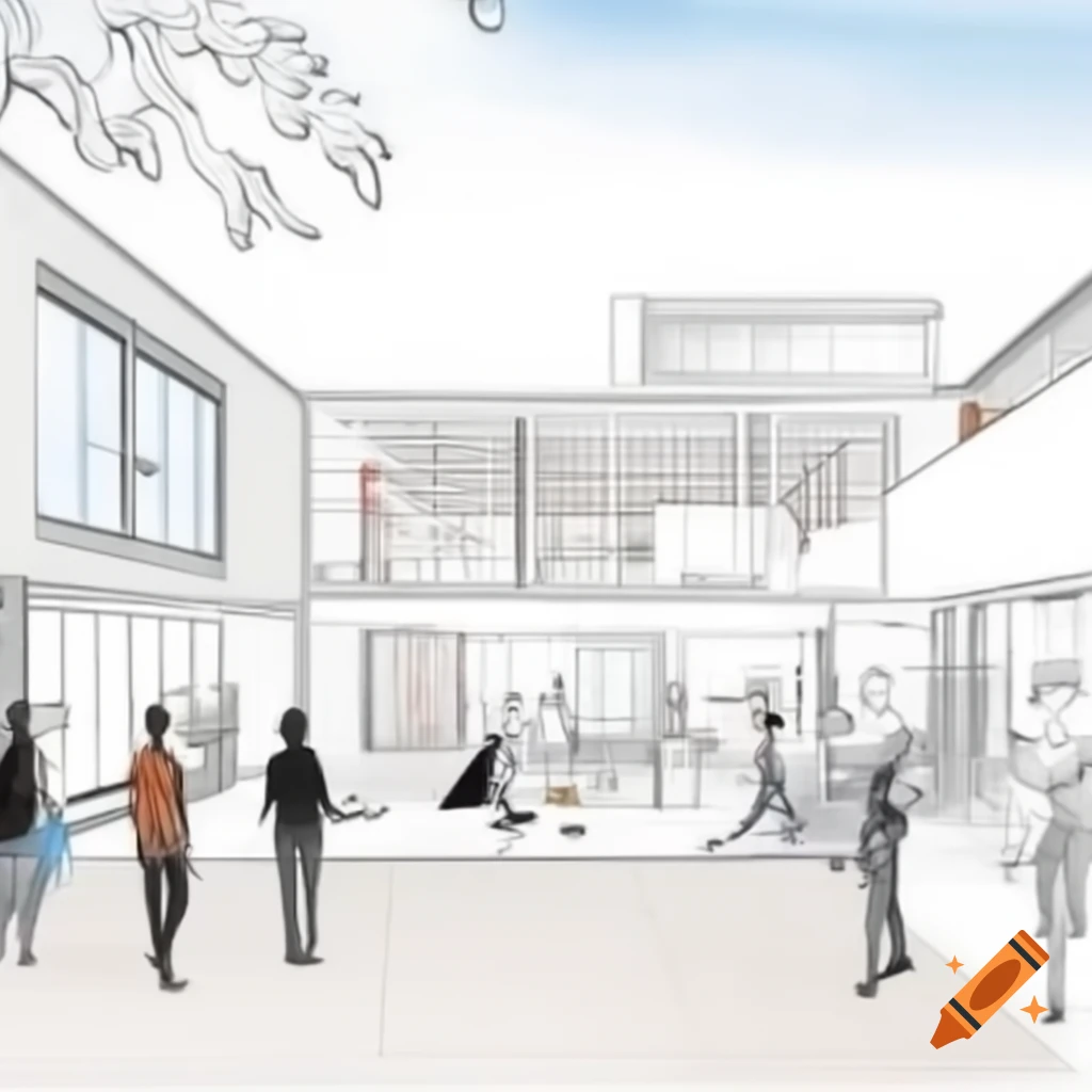 Modern two story student center architectural concept sketch with lively interior