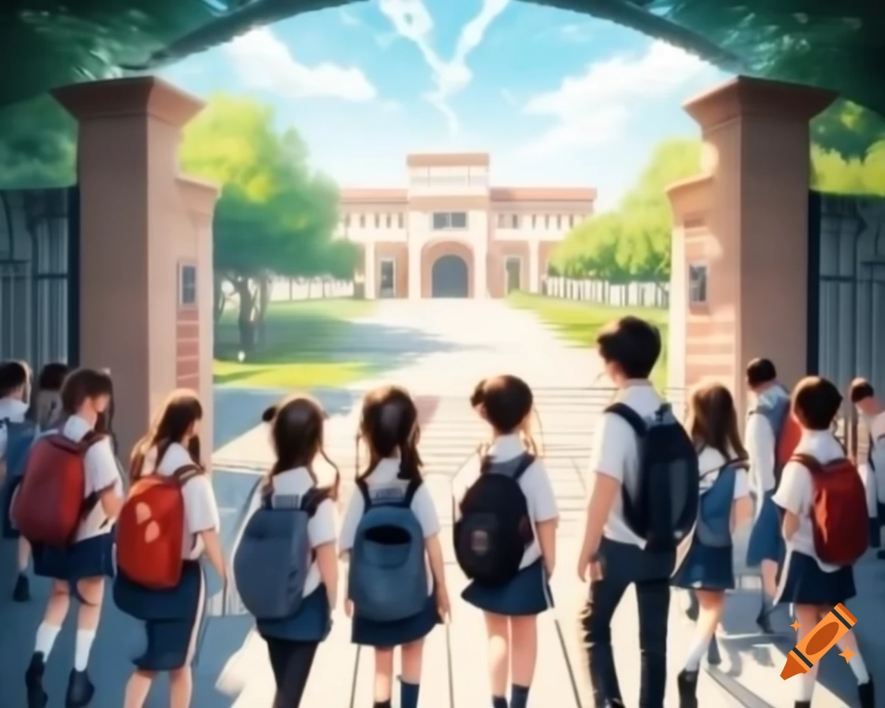 School gate with welcoming archway and eager students