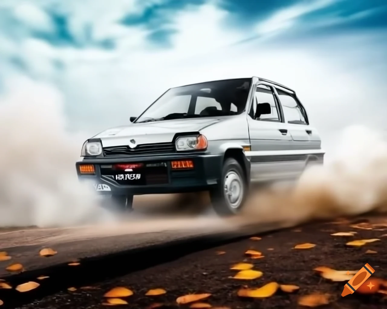 1989 Suzuki Forsa driving through clouds, leaving smoke trail