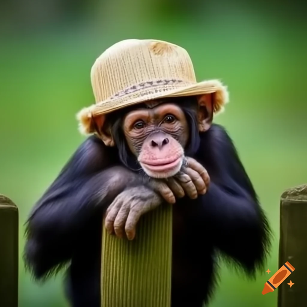 Young chimpanzee in straw hat sitting on a fence covering face with hands