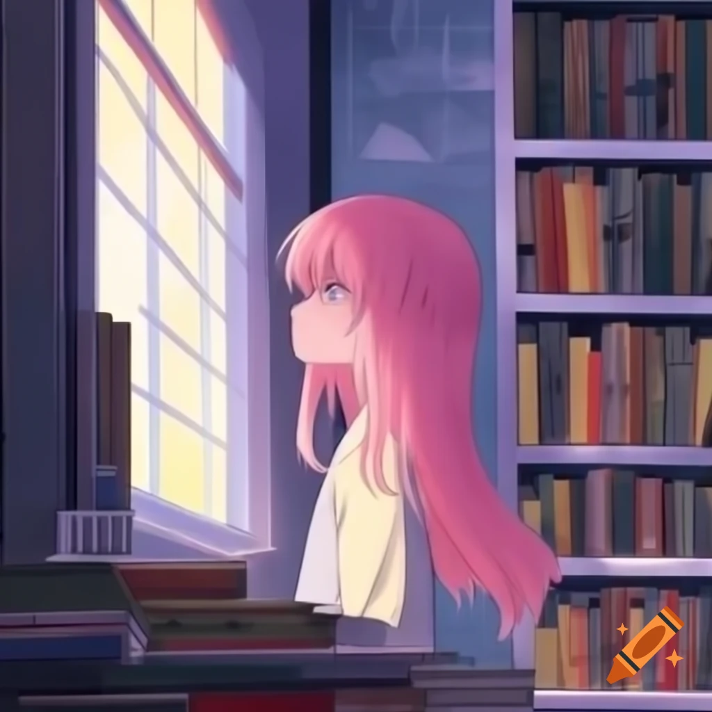Anime girl with pink hair standing by library window, looking sad
