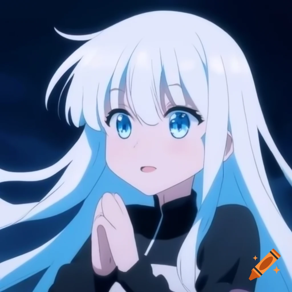 Energetic 8-year-old anime character with long white hair and light blue eyes
