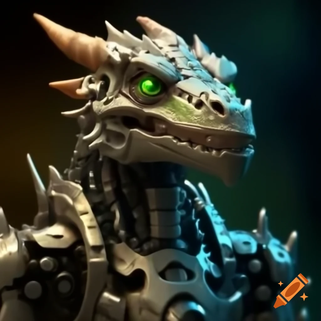 Robot Kobold with silver body and green eyes