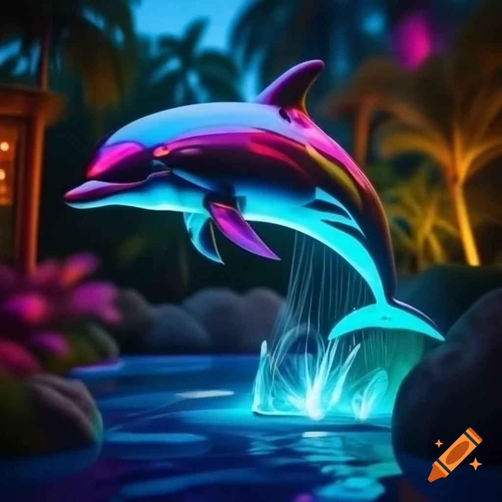 Hyper realistic chrome dolphin in neon lighting with surreal holographic effect