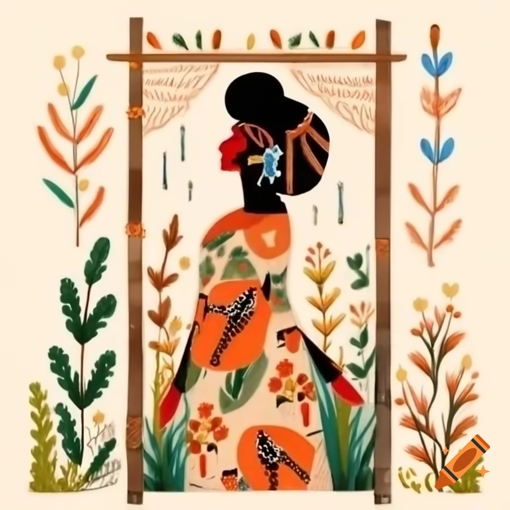 American folk art illustration of Black woman in traditional dress outdoors