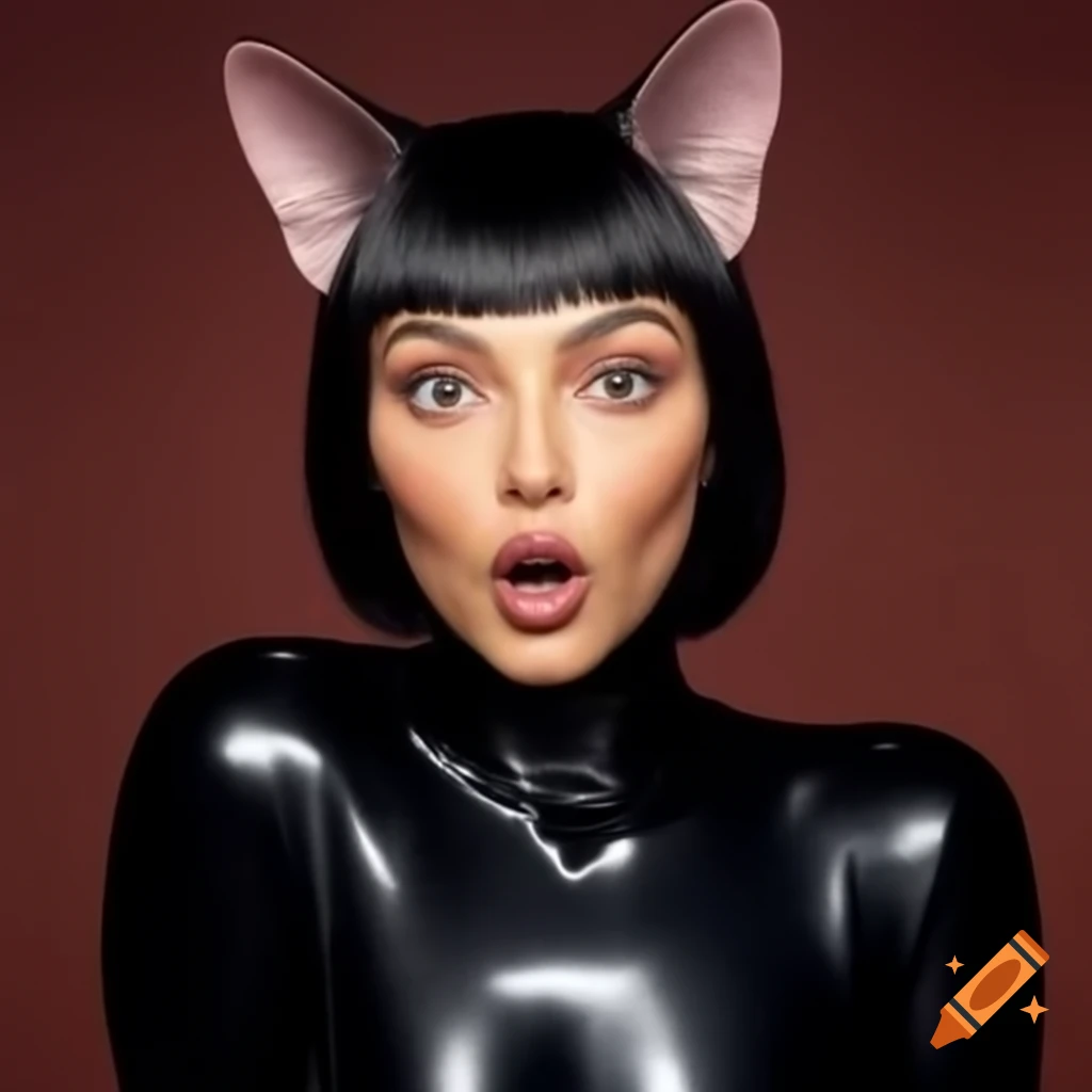 Kourtney Kardashian's surprised face wearing a latex cat costume