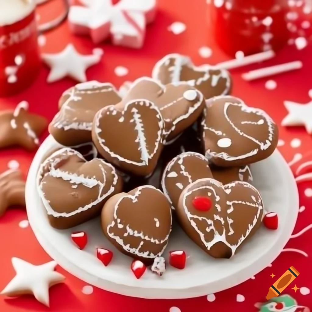 Chocolate gingerbread hearts, pretzels, and stars in Christmas theme