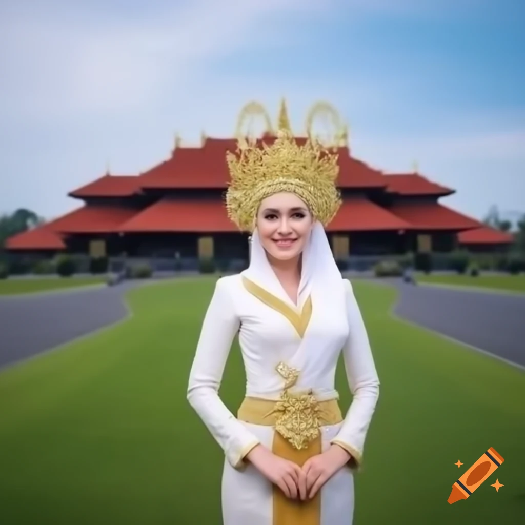 Indonesian princess in traditional royal attire with joyful expression in front of palace