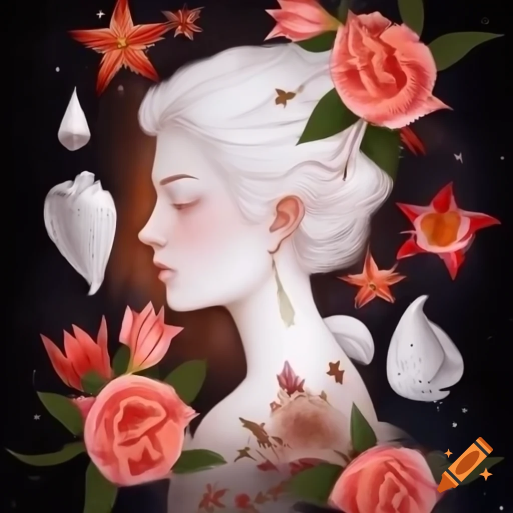 Realistic goddess portrait with flowers and galaxy background