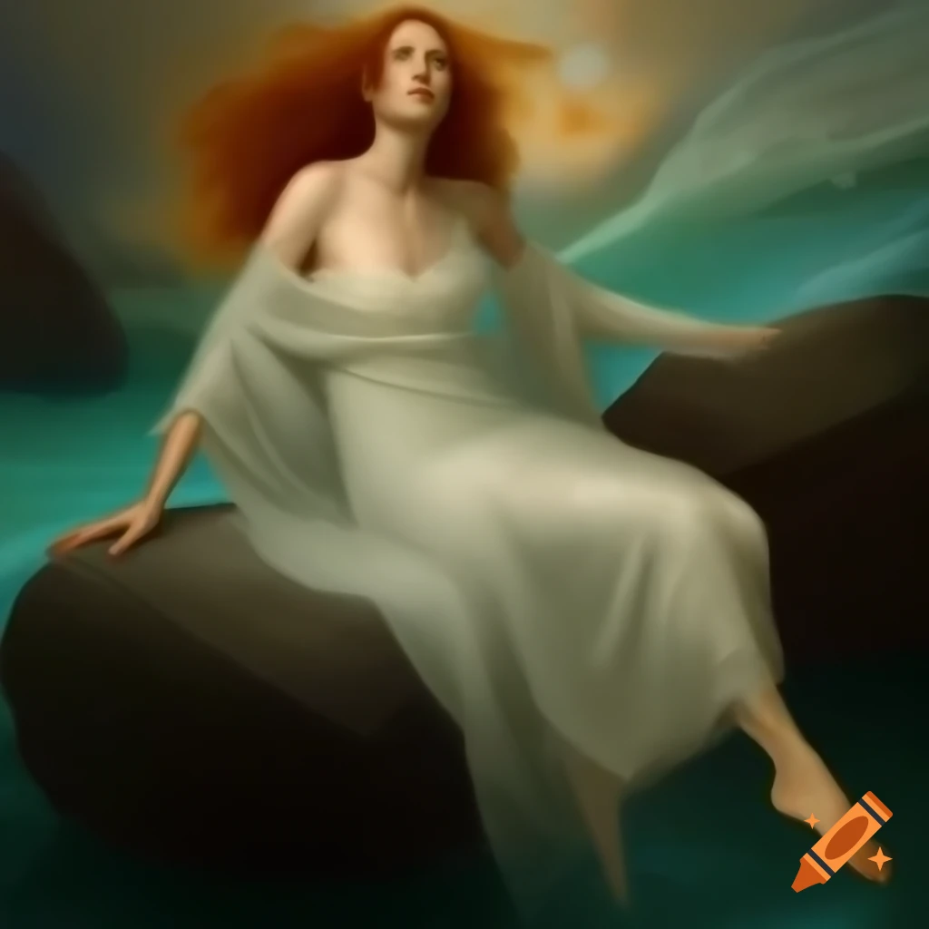 Fine art painting 'Song to the Siren' by Evelyn De Morgan Waterhouse featuring radiant female figure in drapery