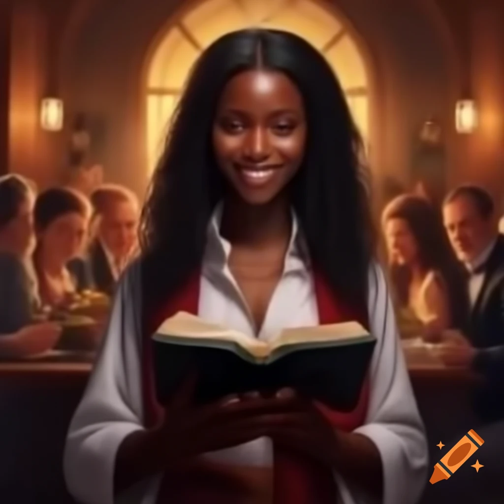 Young woman with layered hair welcoming guests with a bible
