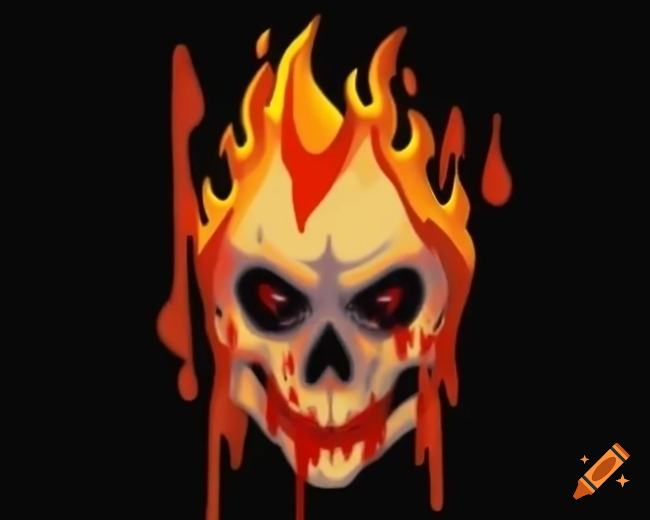 Flaming white skull with bloodshot eyes in video game art style