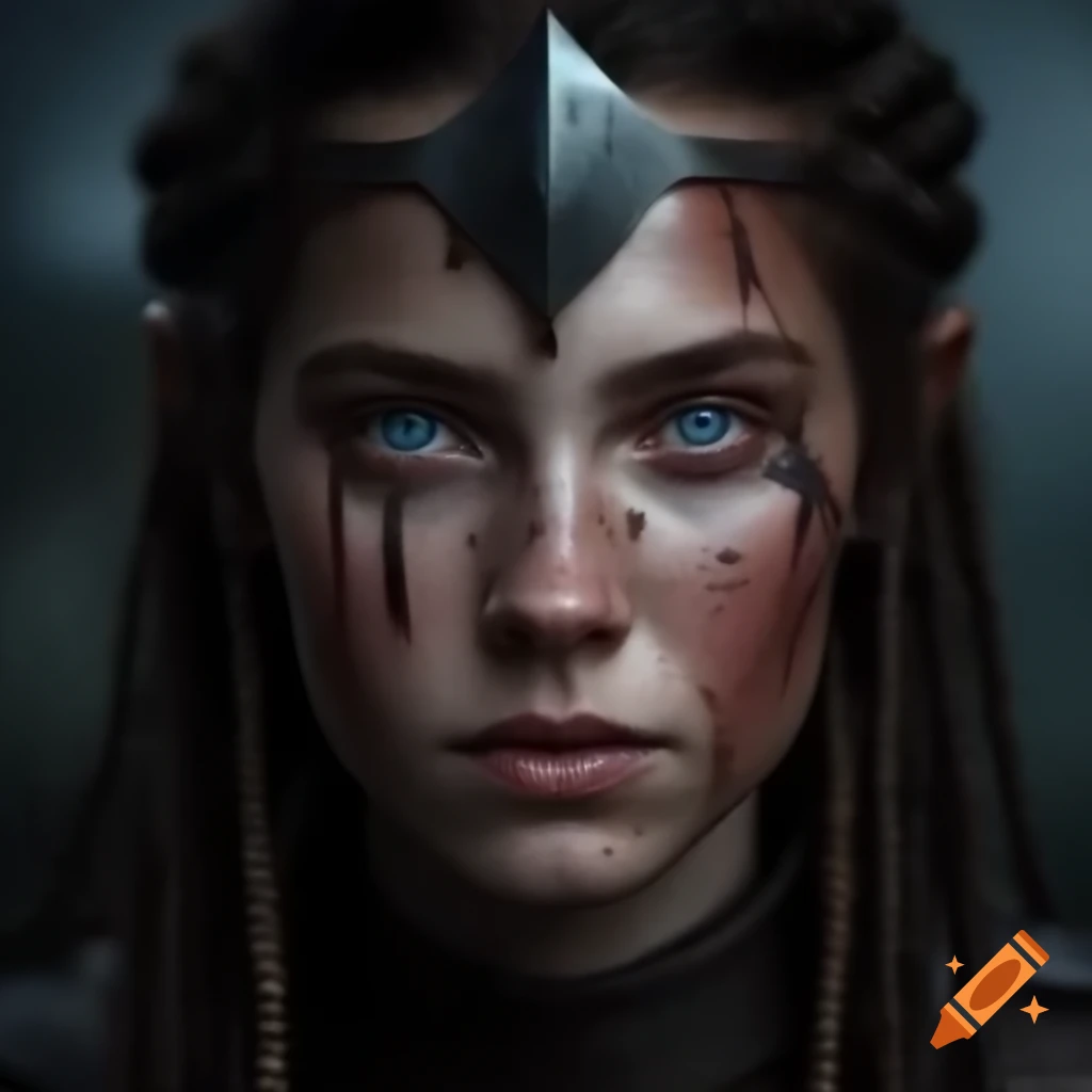 Portrait of medieval warrior woman with blue eyes and iron helmet
