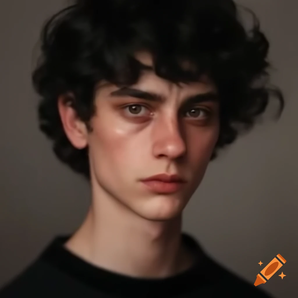 Young man with curly dark hair and large eyes in rumpled clothing
