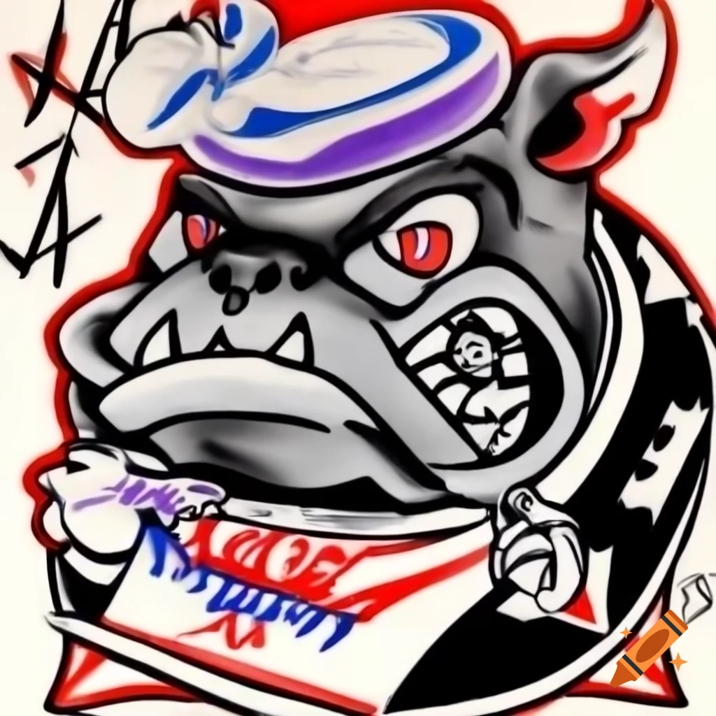 Stylized bulldog head logo in vibrant tattoo style inspired by Ed Hardy