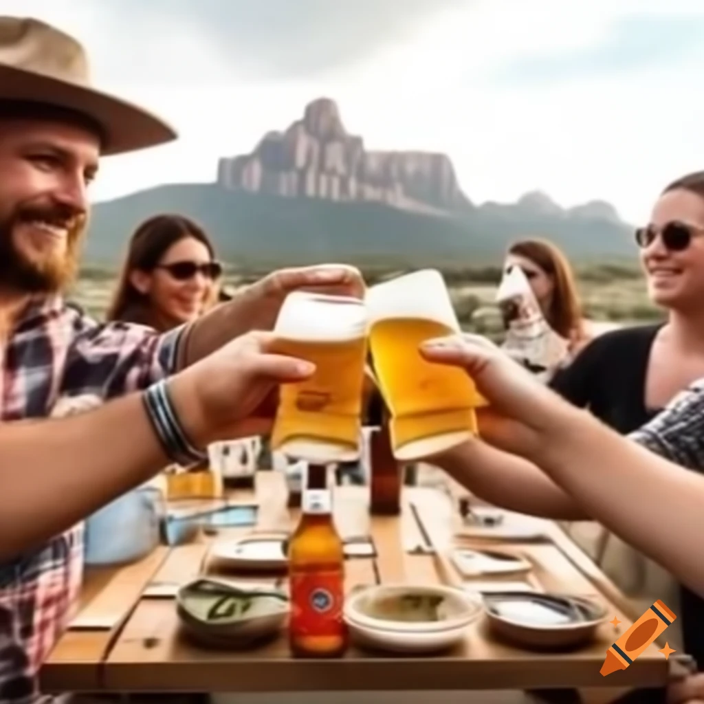Group of people toasting pints of beer outdoors in Texas mountains