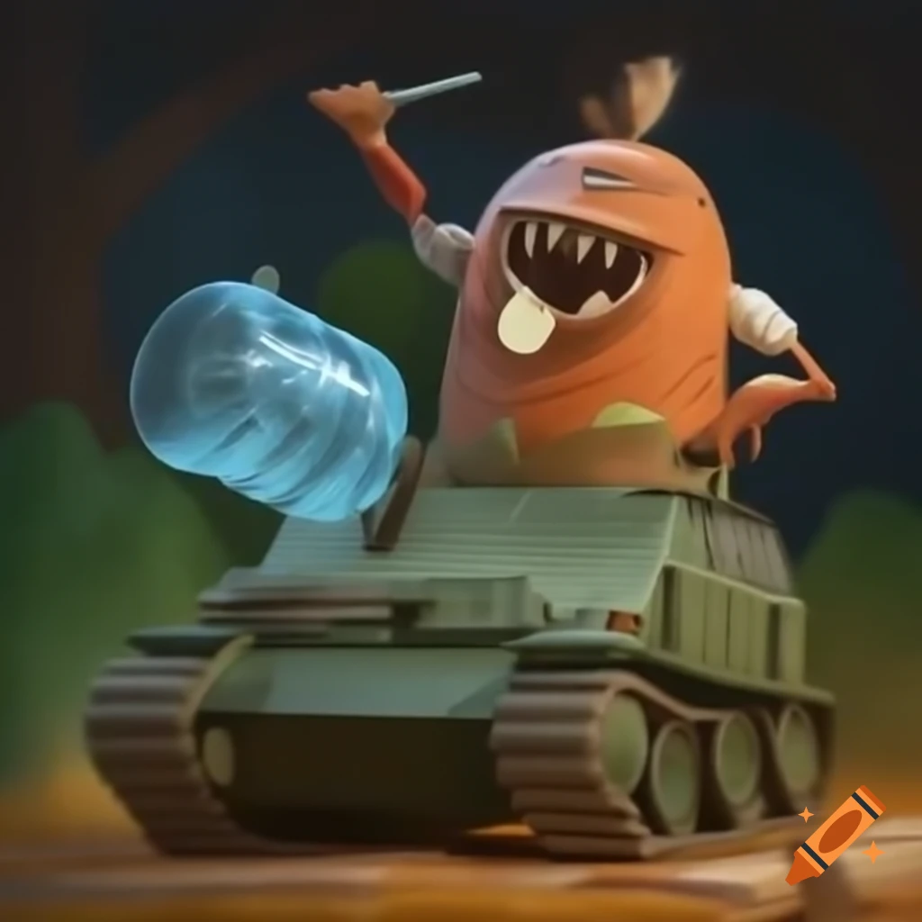 Whimsical scene of a bird driving a tank with a water bottle and wearing crocs