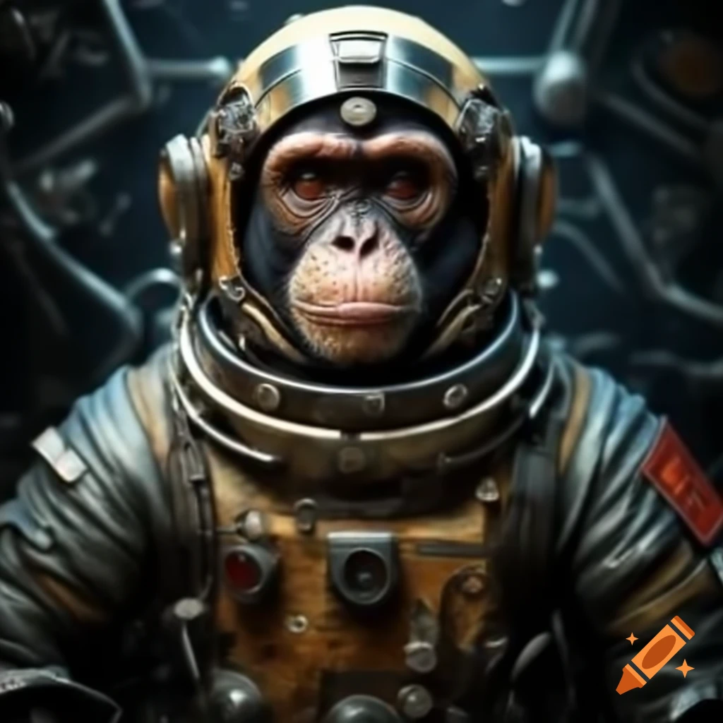 Undead monkey barbarian astronaut in heavy metal inspired high-tech spacesuit