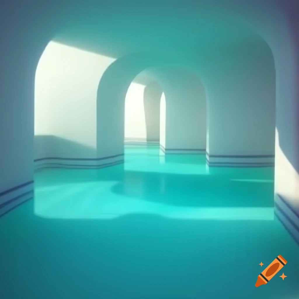 Surreal modern poolroom with teal water and soft lighting, 3D render