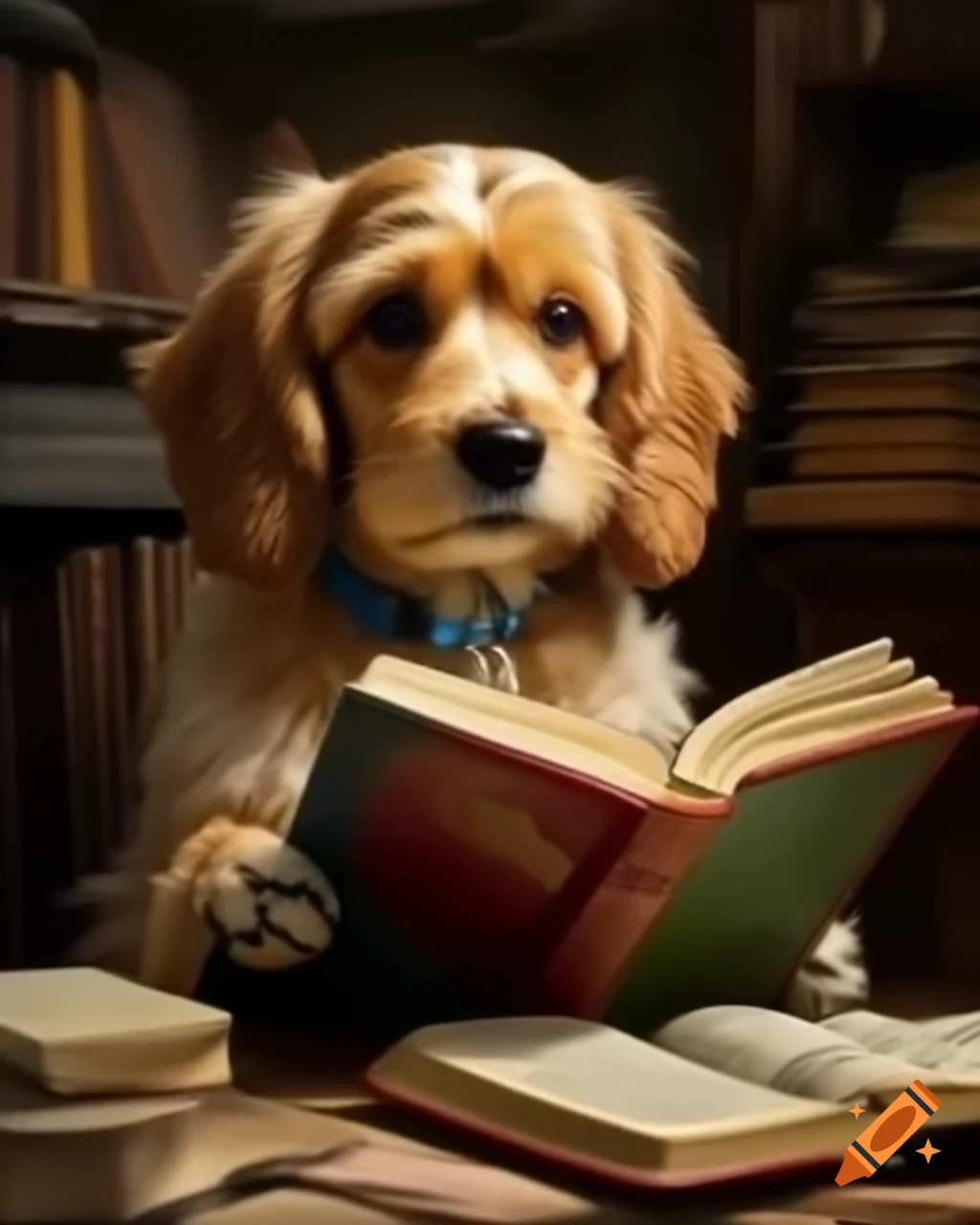 Dog reading a book in a cozy setting