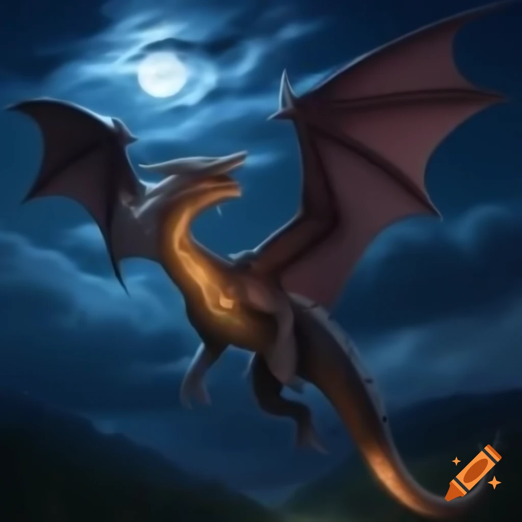 Mighty dragon flying in night sky before full moon, shimmering scales and glowing eyes