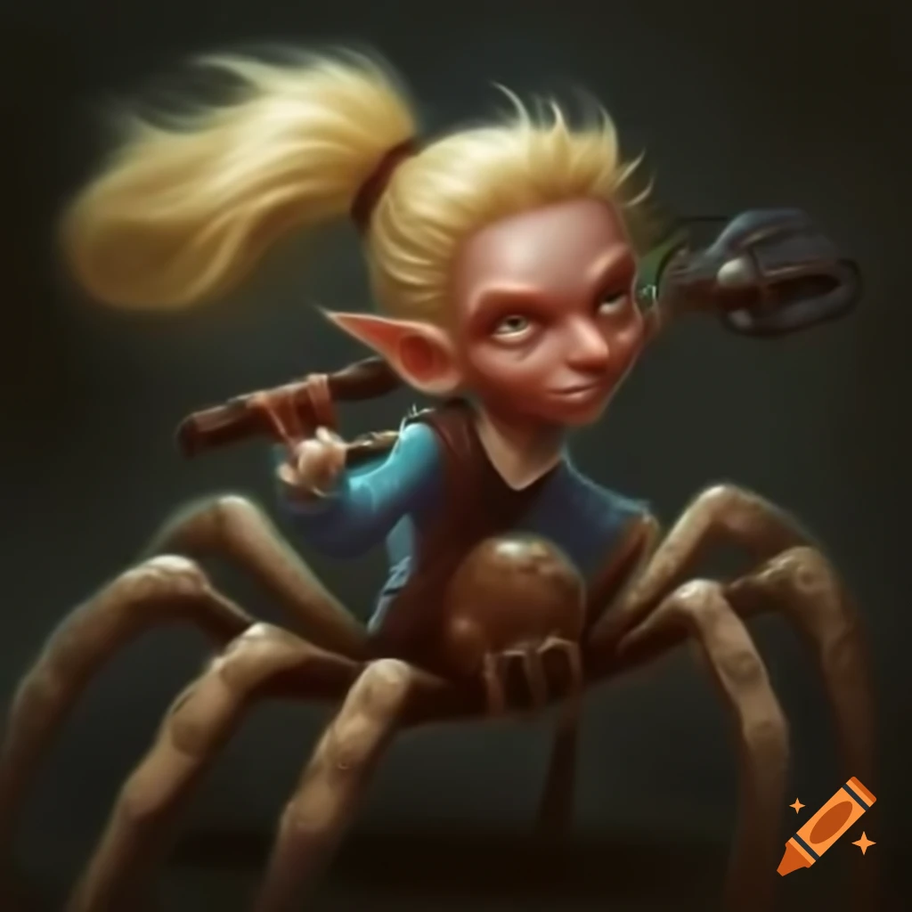 Gnome with blonde hair attacking giant spider with mace