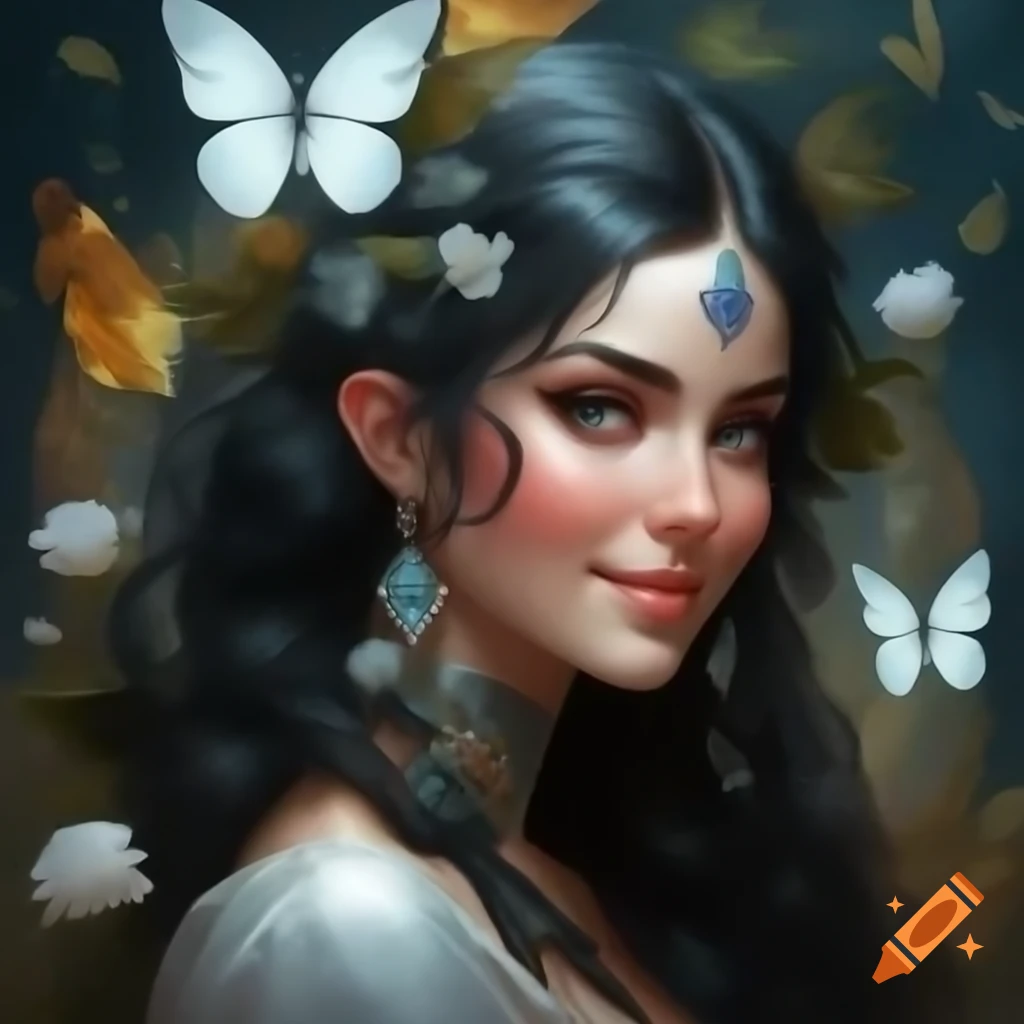 Mystical gypsy woman with crystal ball surrounded by flowers and butterflies