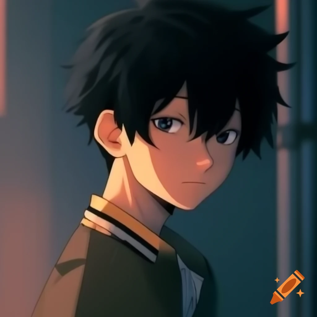 Black haired anime character looking over shoulder at camera