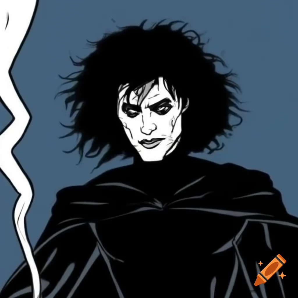 Eric Draven and Sandman characters in black and white comic art