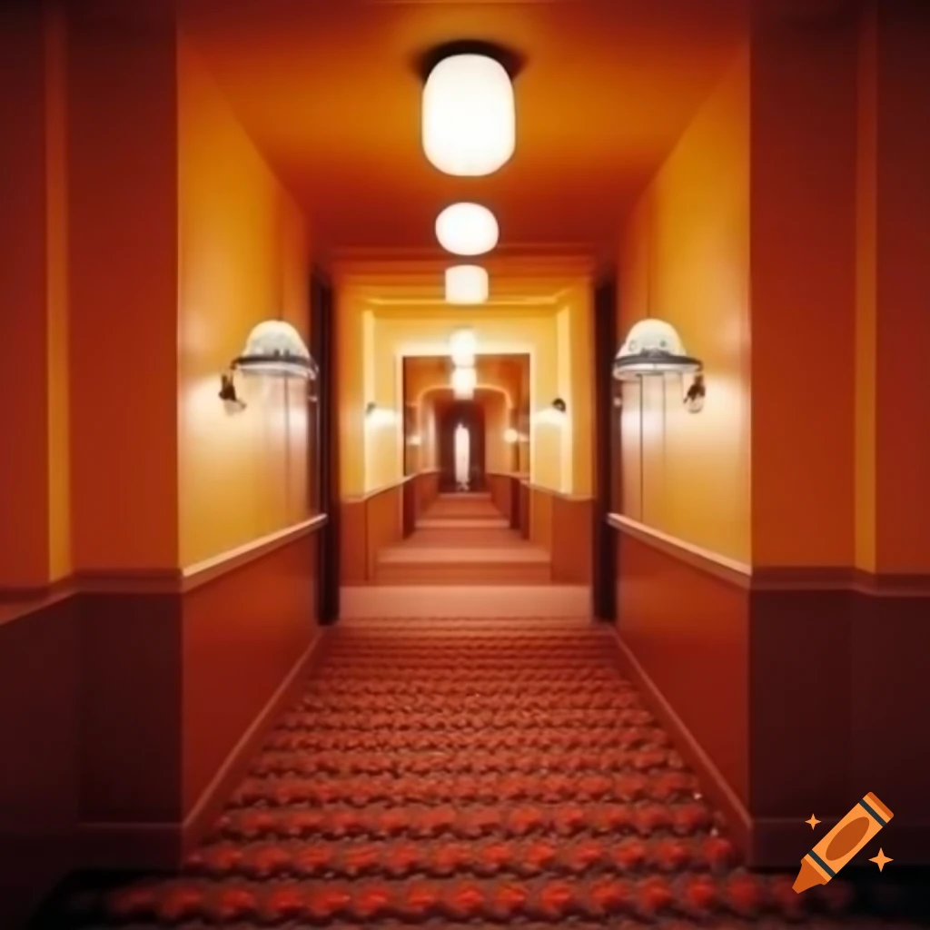 Warm colored 1970s hotel hallway with patterned walls and lamps