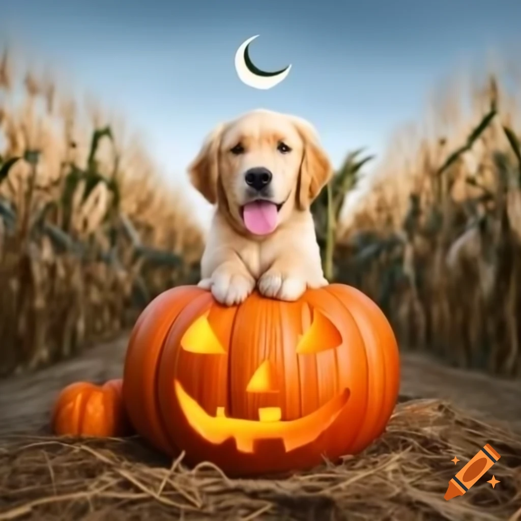 Cute golden retriever with paws on carved pumpkin in cornfield under crescent moon
