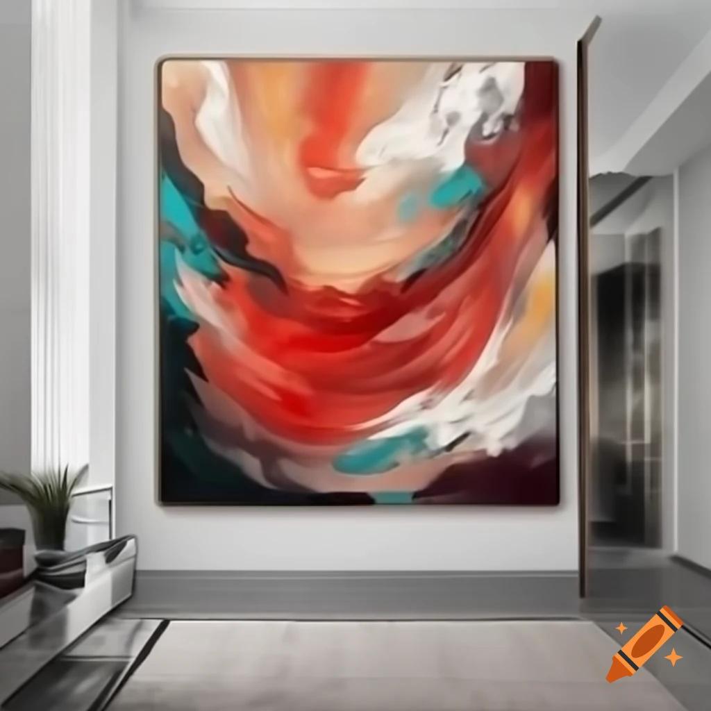 Vibrant abstract painting with bold colors against a white wall