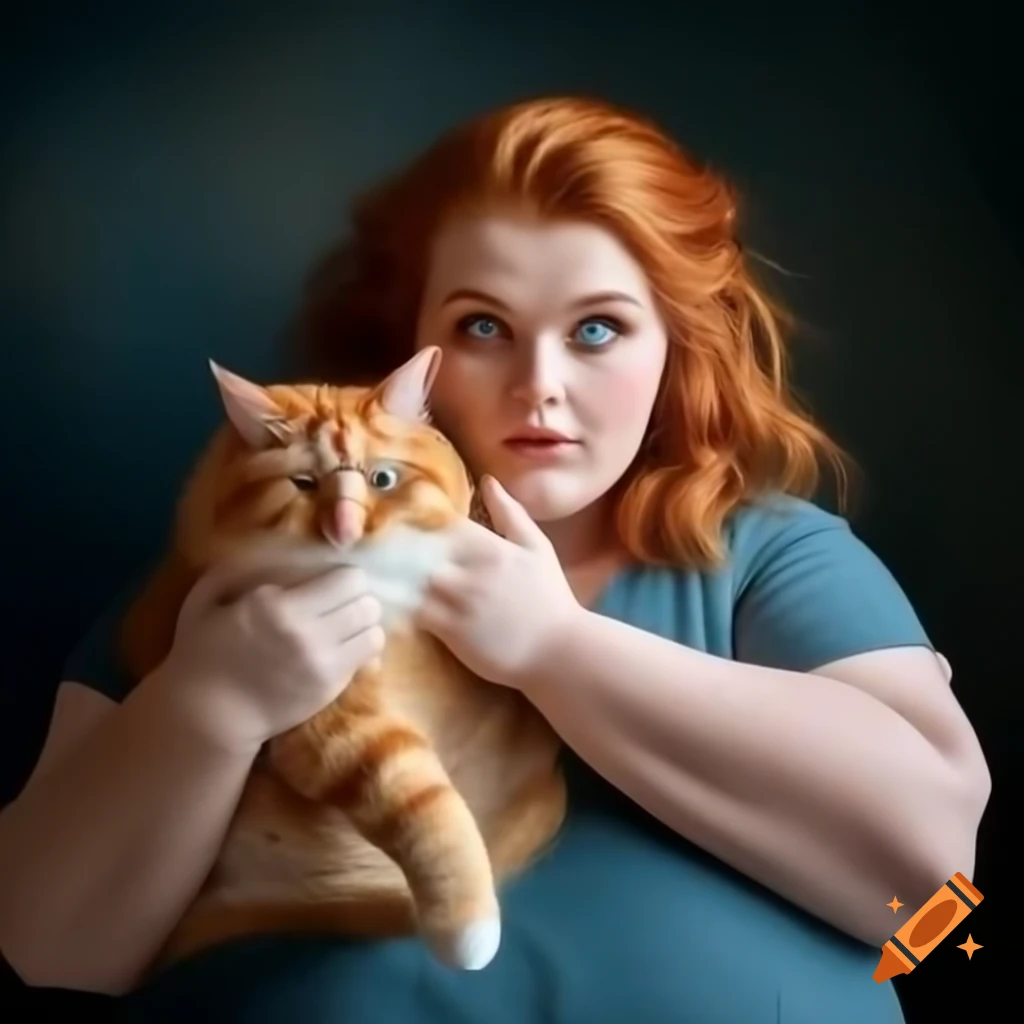 Curvy woman with ginger hair and blue eyes holding a ginger cat with golden eyes