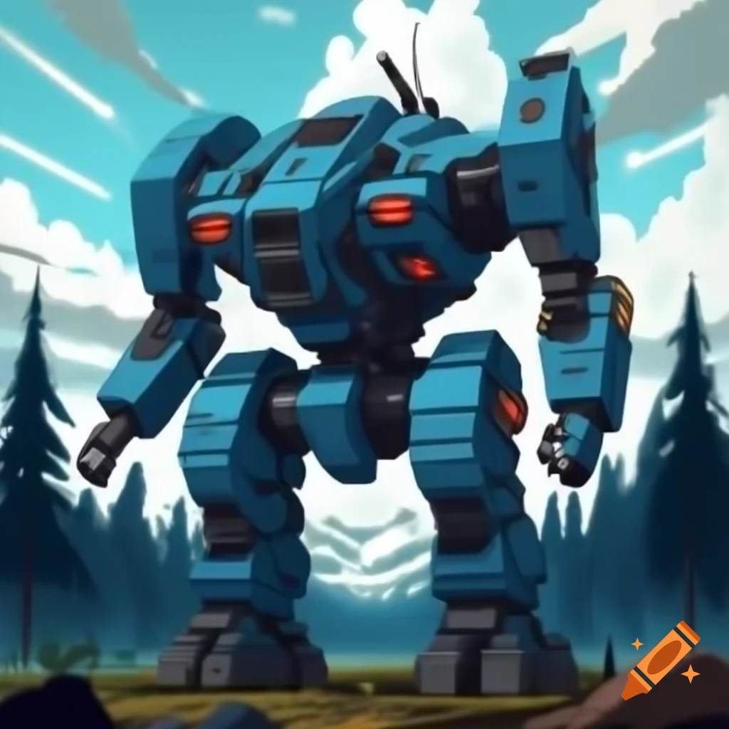Giant blue and black mech engaging with a forest