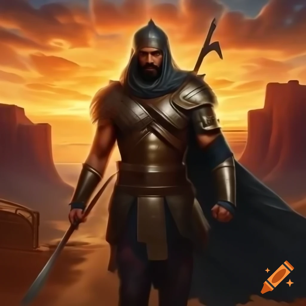 Muscular Muslim warrior in ancient armor on desert cliff at sunset