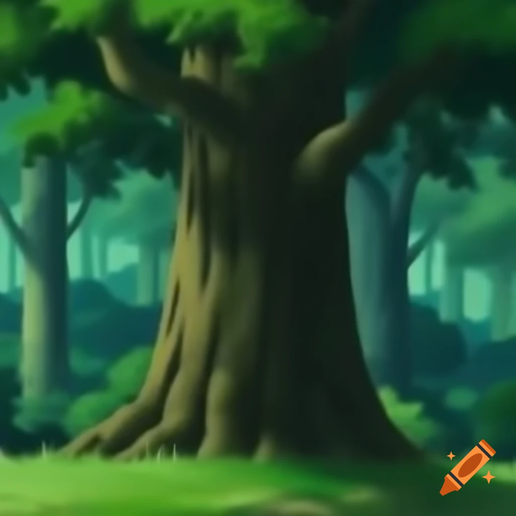 Anime-inspired forest background featuring a large central tree