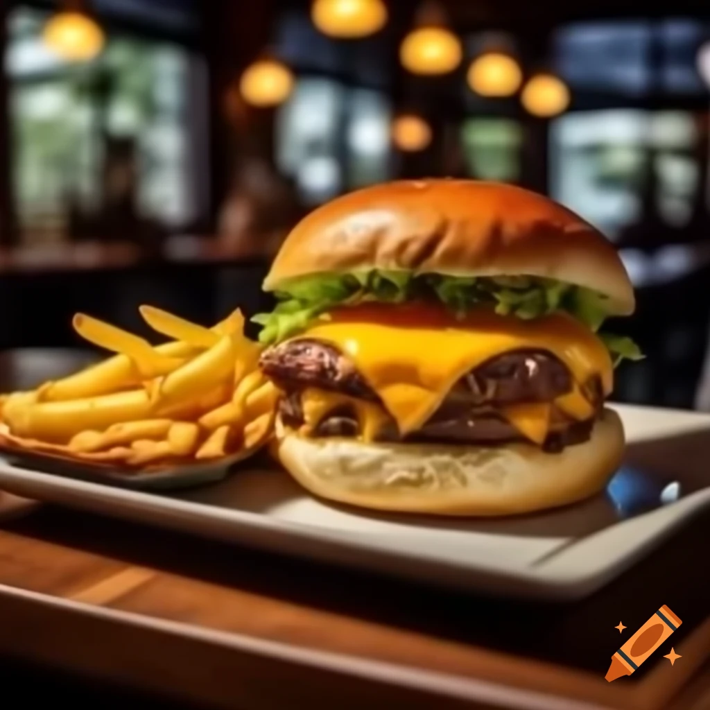 Highly realistic cheeseburger with fries on a plate in a bar setting