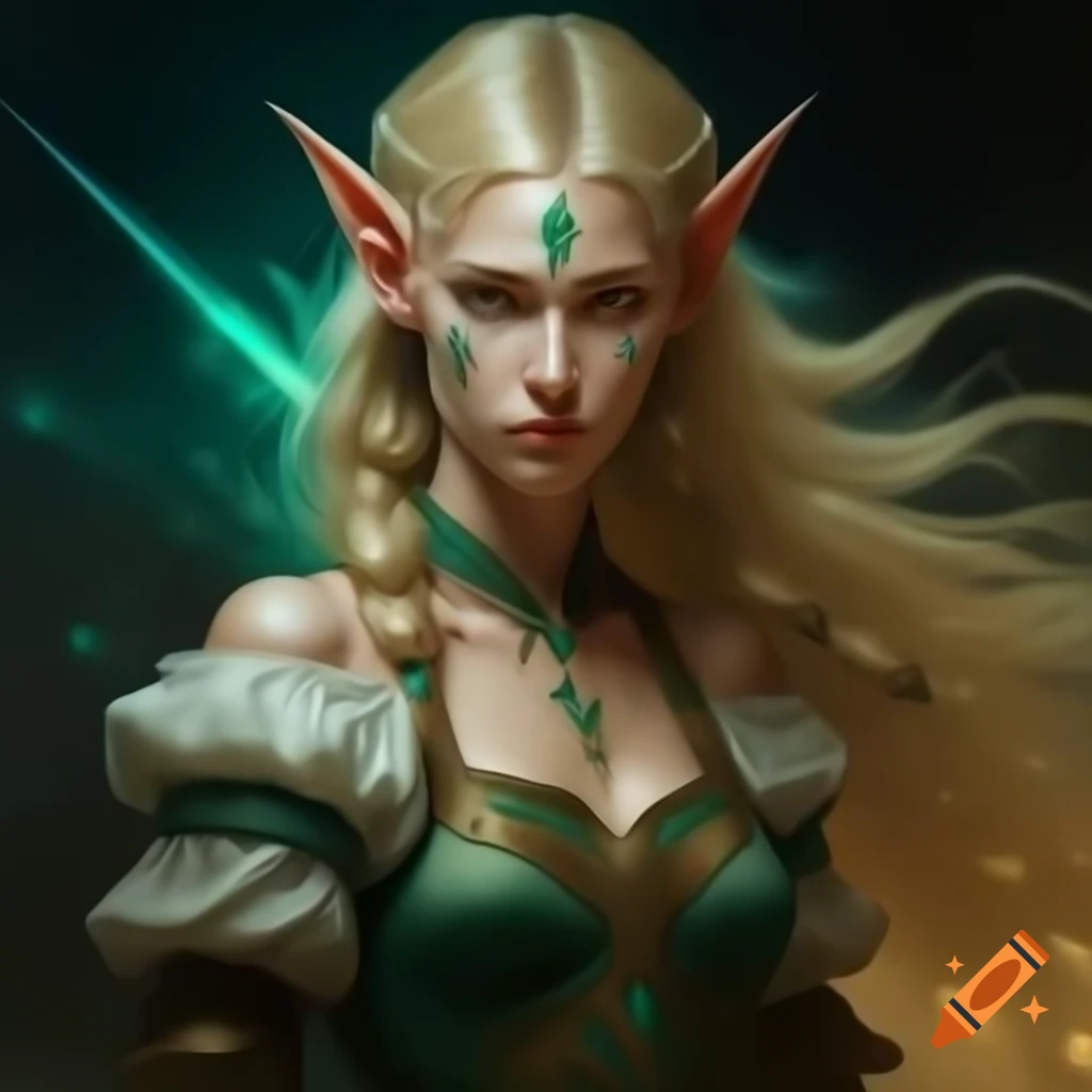 Elven woman in puff sleeve dress with sword on medieval battlefield