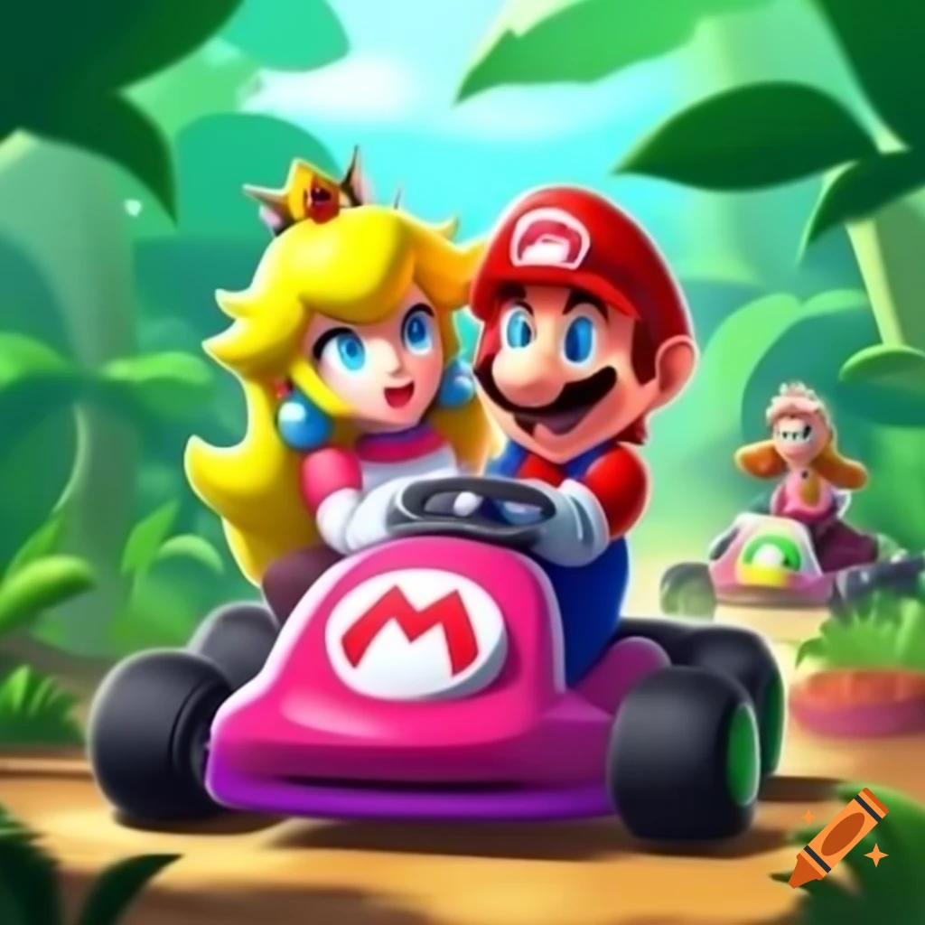 Princess Peach and Dry Bones racing in Mario Kart through a jungle